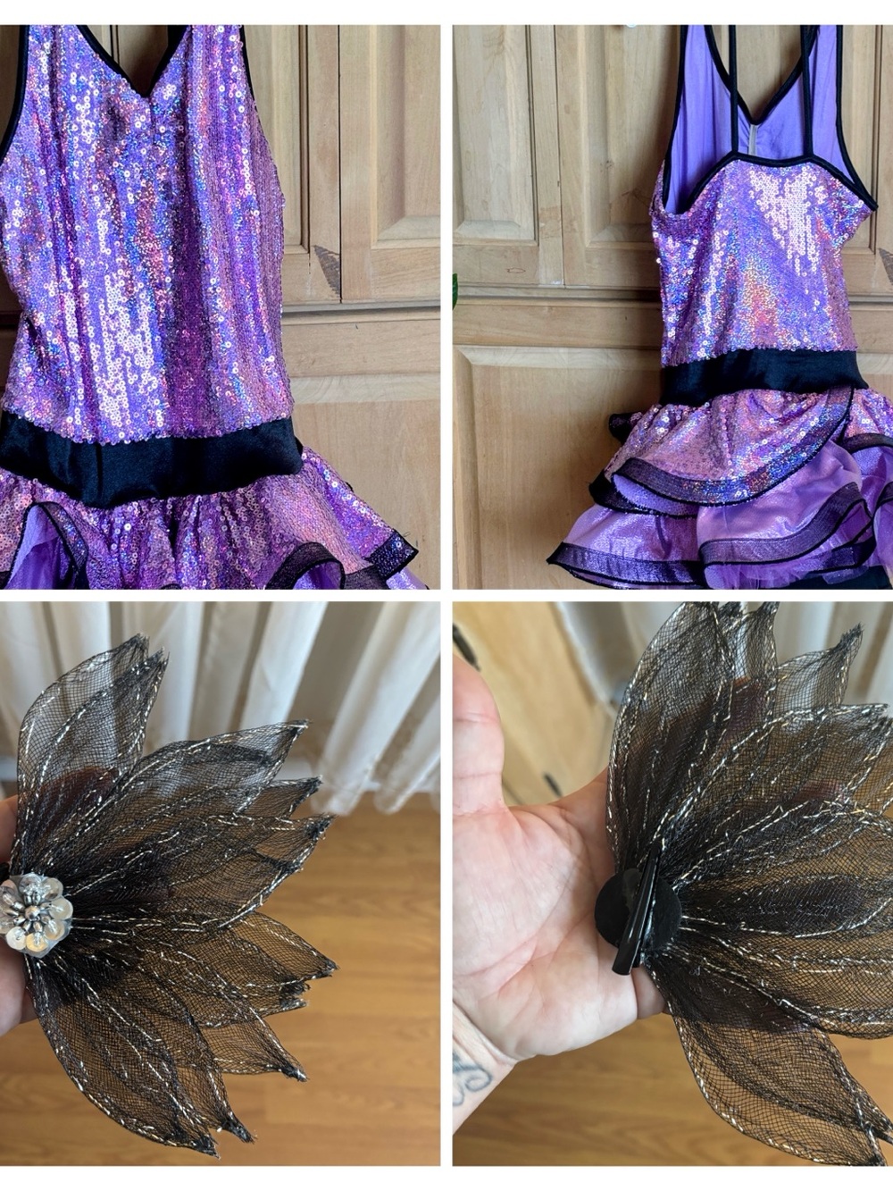 Girls Purple Sequin Dance Costume with Black Accent and Hair Clip